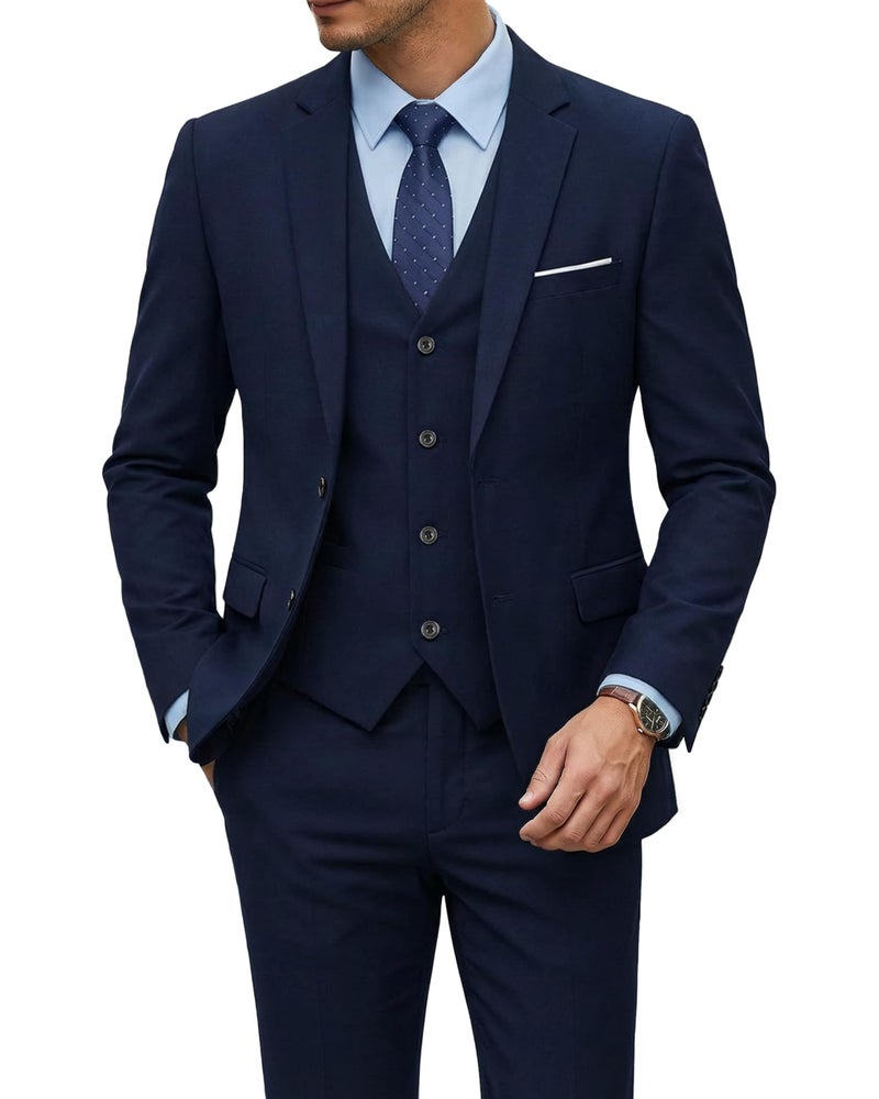 YND Men's 3 Piece Suit Set with Tie, 2 Button Slim Fit Solid Blazer Jacket Vest Pants, Business Wedding Party Suits for Men, Deep Blue - Image 1